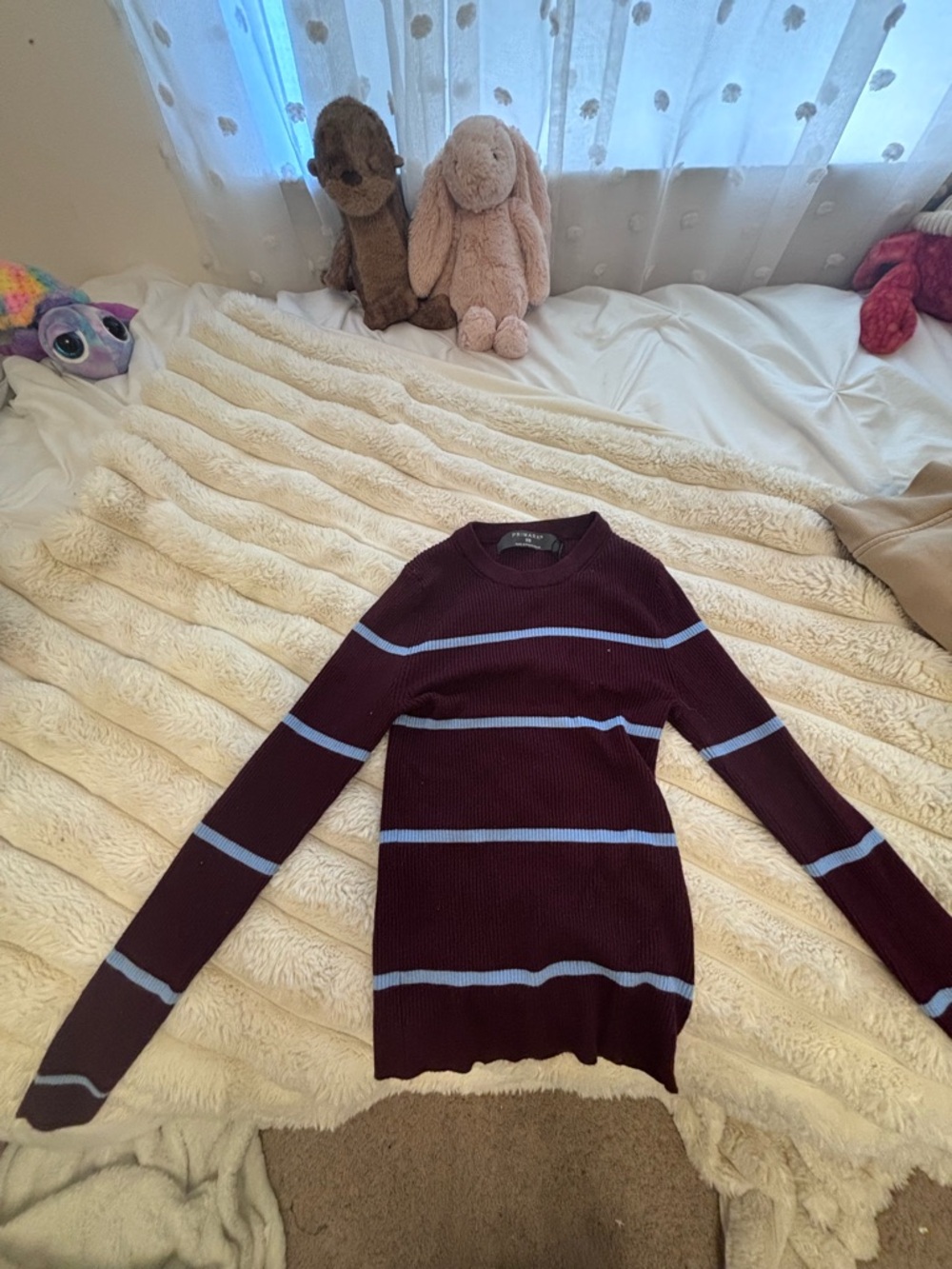 Primark Burgundy Crewneck Sweater with Light Blue Stripes